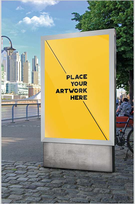 英文室外黄黑清新城市站亭海报样机