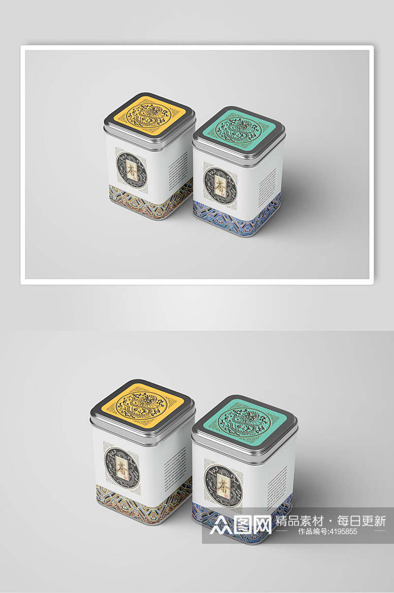 方形黄绿创意大气茶叶铁罐包装样机素材