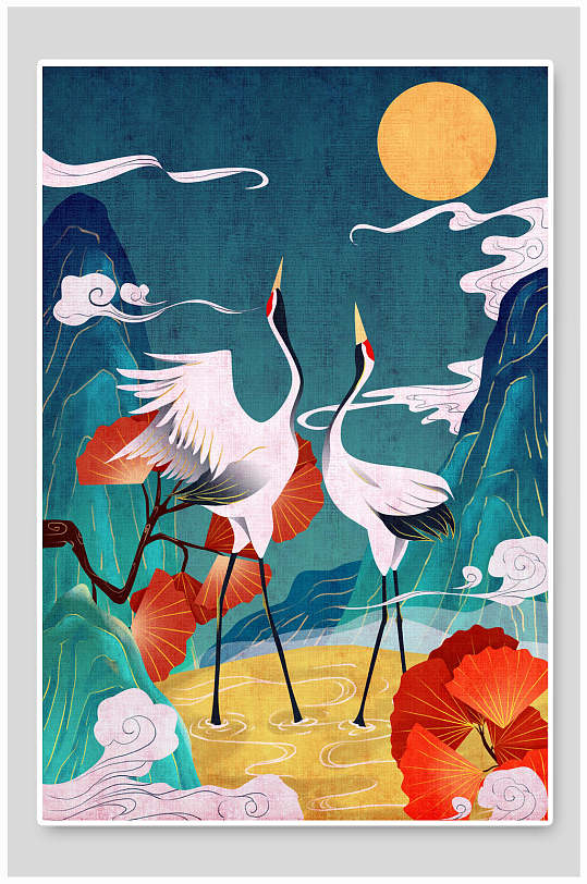 古代神话传说仙鹤红日插画