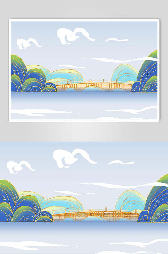 蓝简约国潮鎏金通济桥城市建筑插画