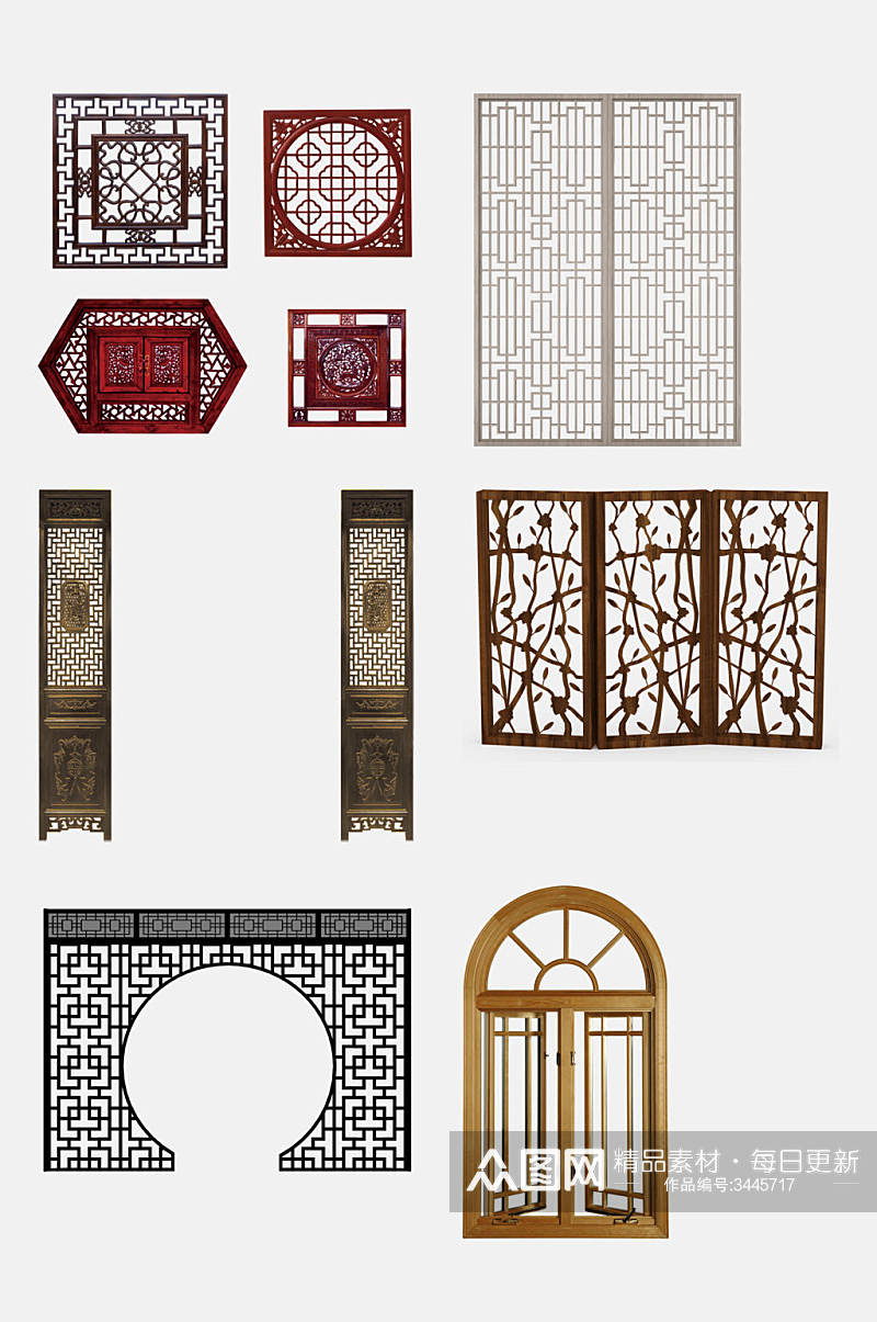 复古中式窗格屏风免抠素材素材