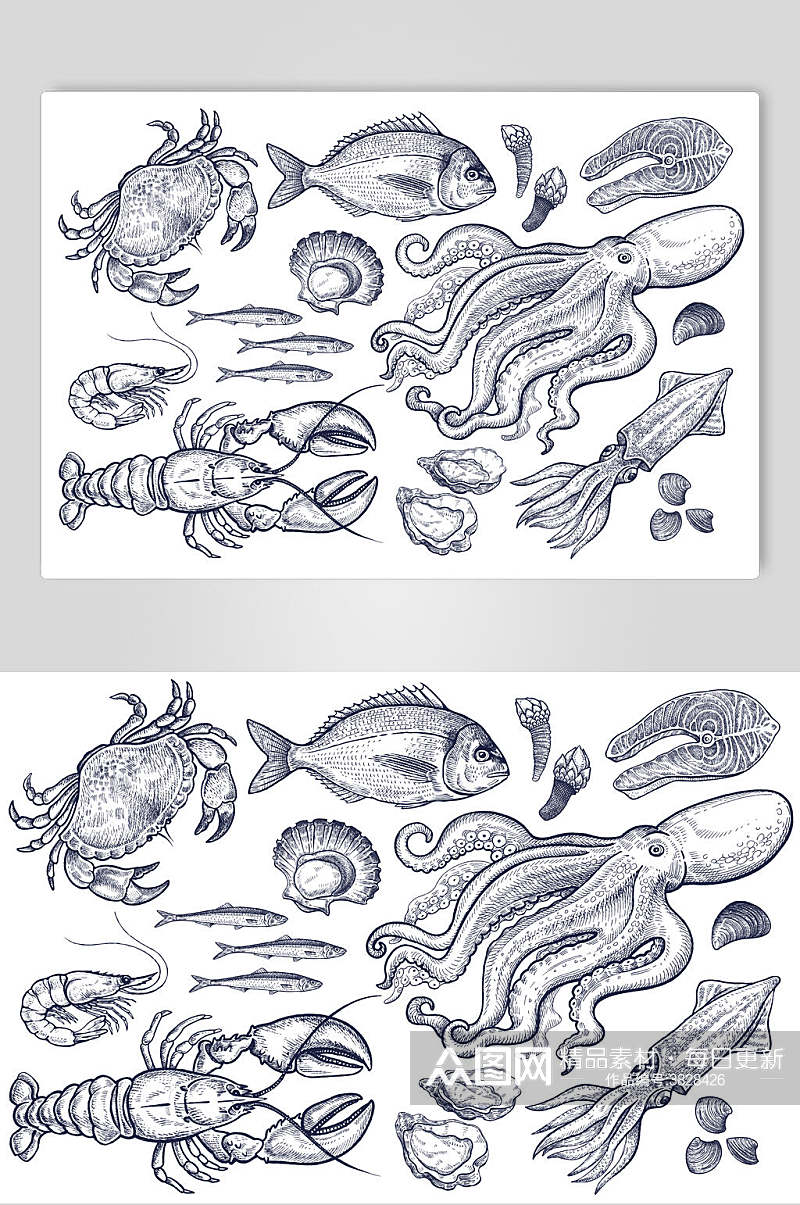 海鲜手绘线稿食材矢量素材素材