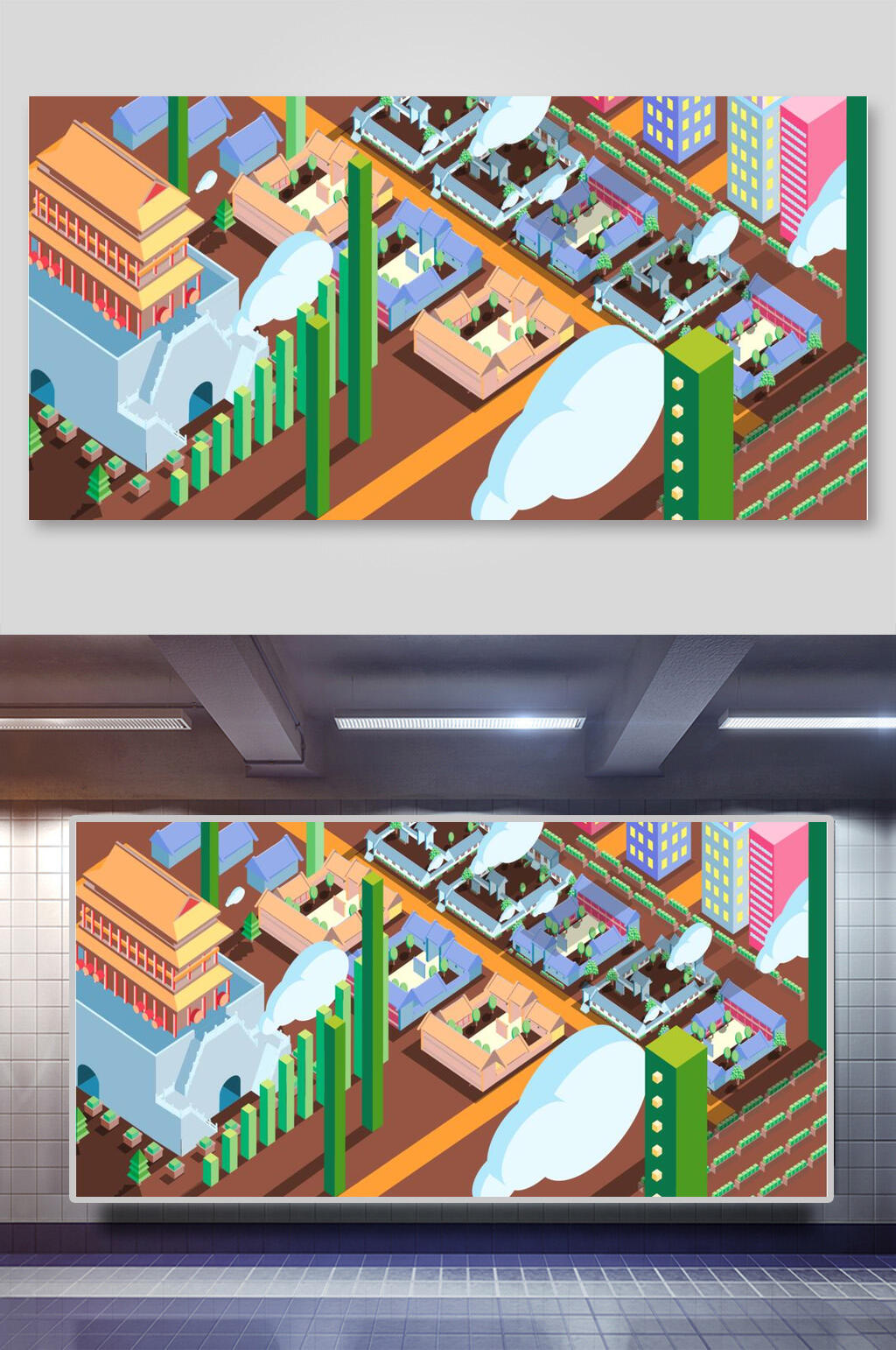 扁平古镇建筑插画素材