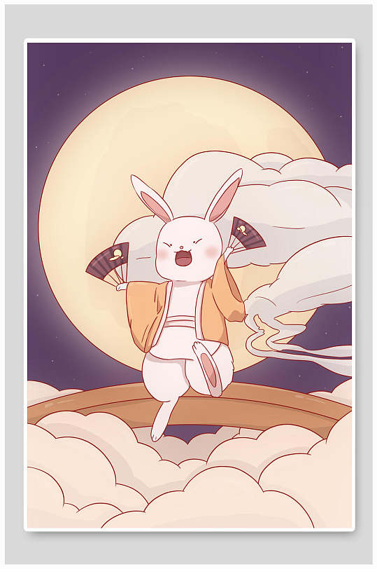 中秋节兔子舞扇子插画