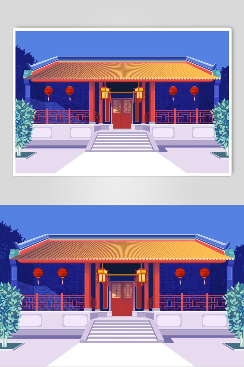 简约高端大气静谧夜景古镇建筑插画素材