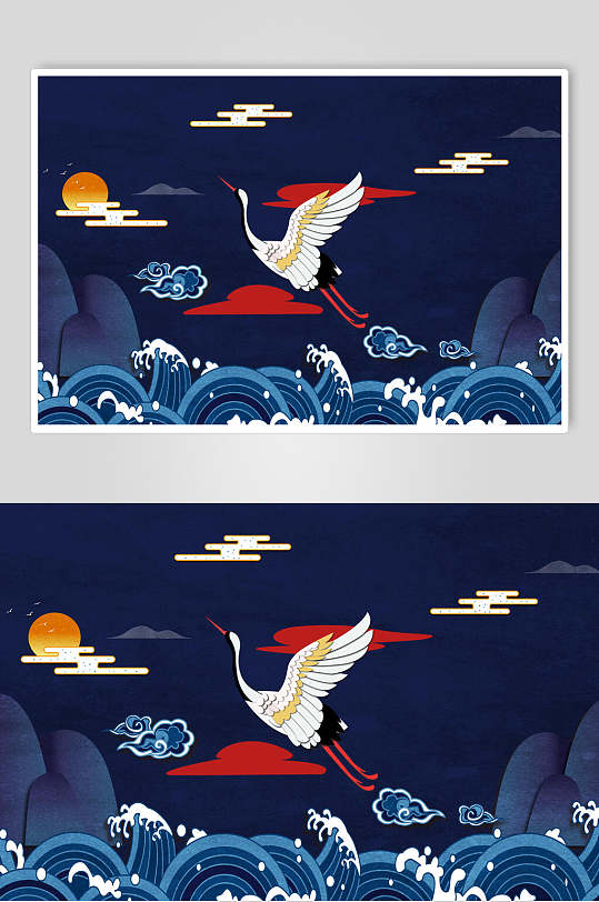 高端大气仙鹤蓝唯美国潮风仙鹤插画