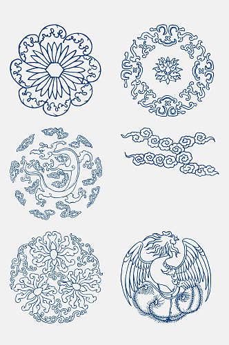 中式蓝色青花瓷花纹图案免抠素材