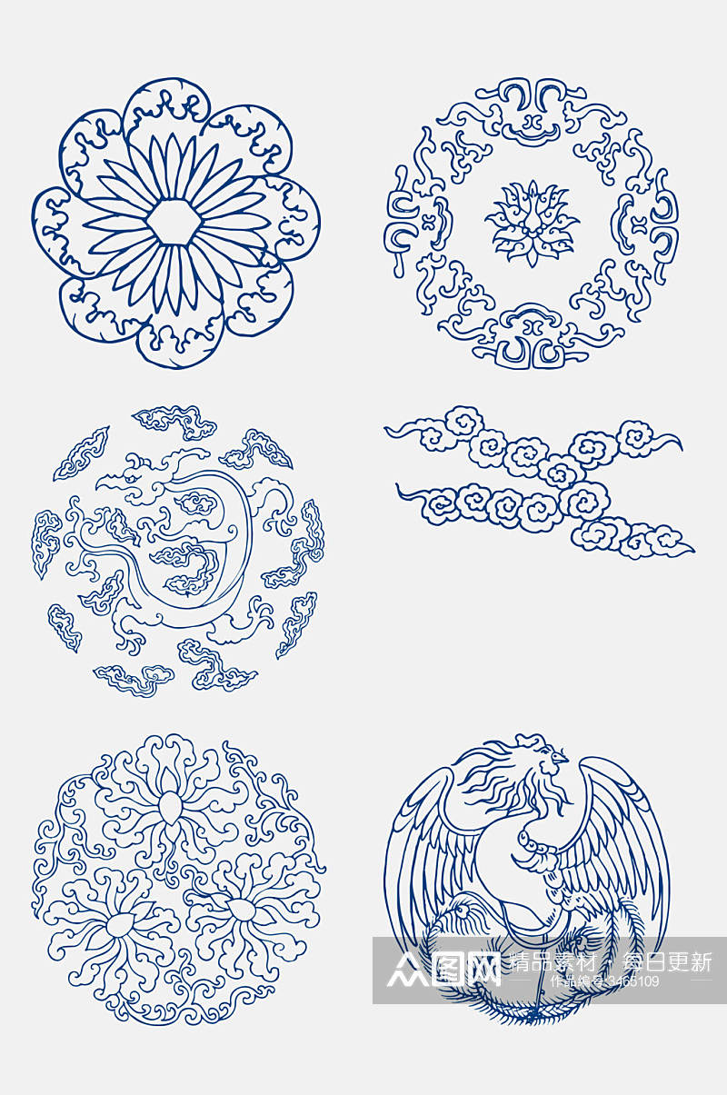 中式蓝色青花瓷花纹图案免抠素材素材