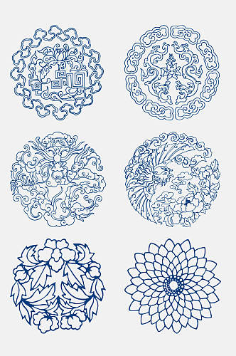 中式蓝色创意青花瓷花纹图案免抠素材