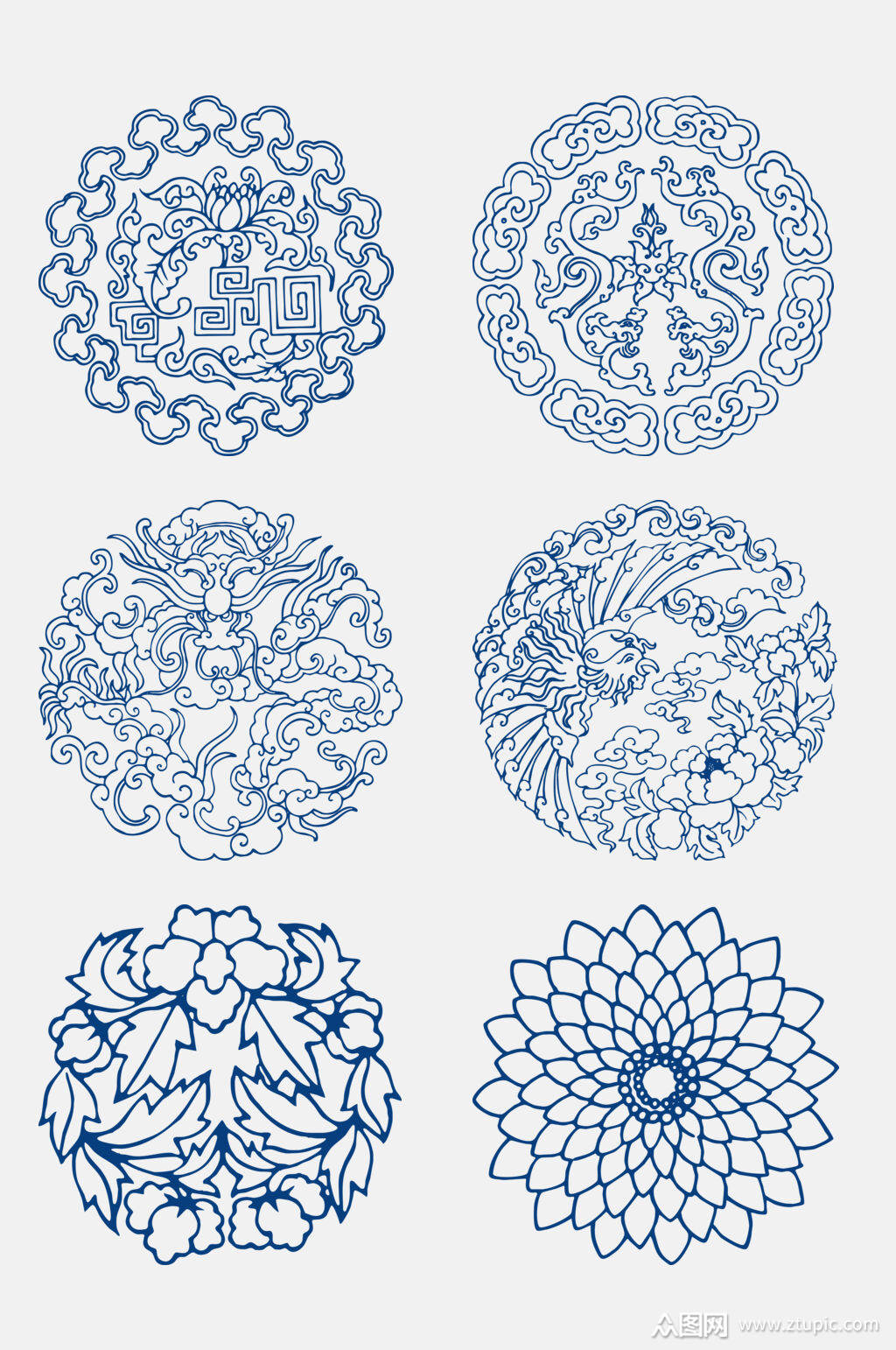 中式蓝色创意青花瓷花纹图案免抠素材素材