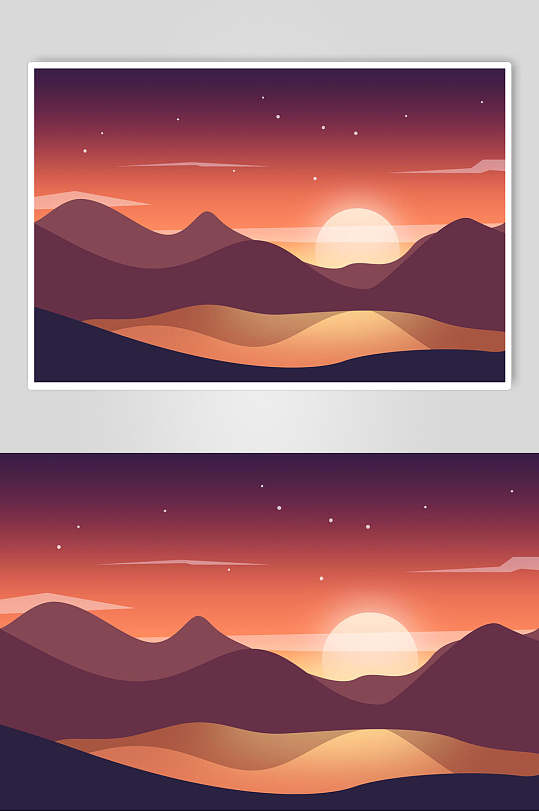 晚霞手绘简约创意壮阔山脉风景插画