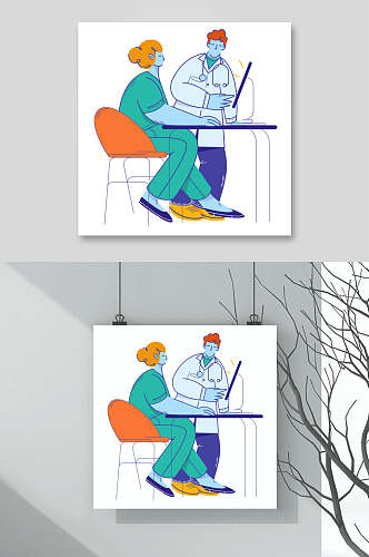 凳子手绘卡通简约树枝手绘蓝医学矢量素材