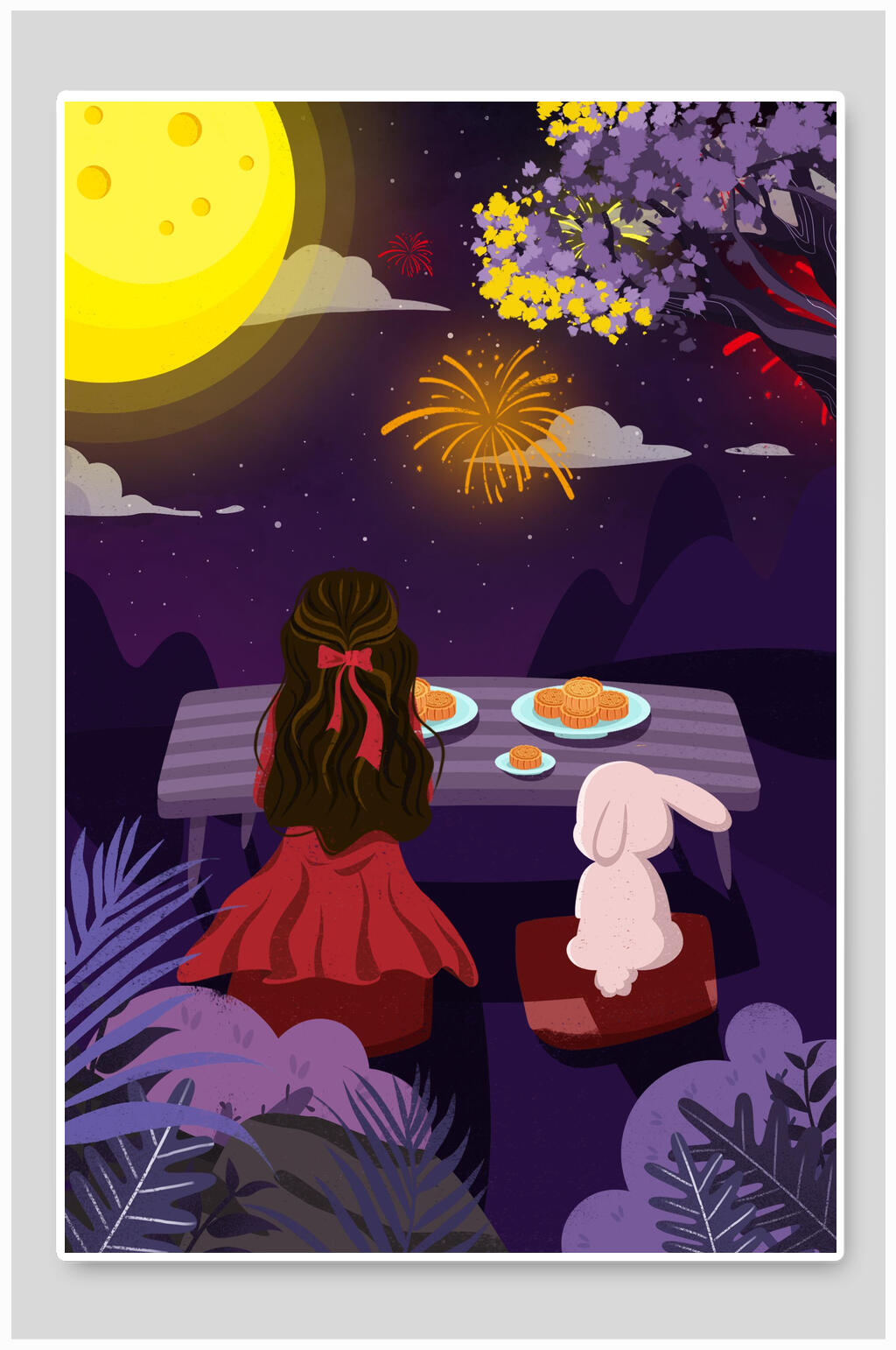 嫦娥赏月中秋节插画素材