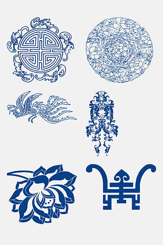 中式精致青花瓷花纹图案免抠素材