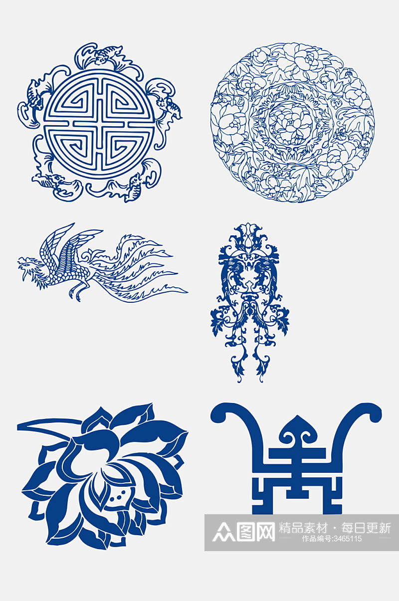 中式精致青花瓷花纹图案免抠素材素材