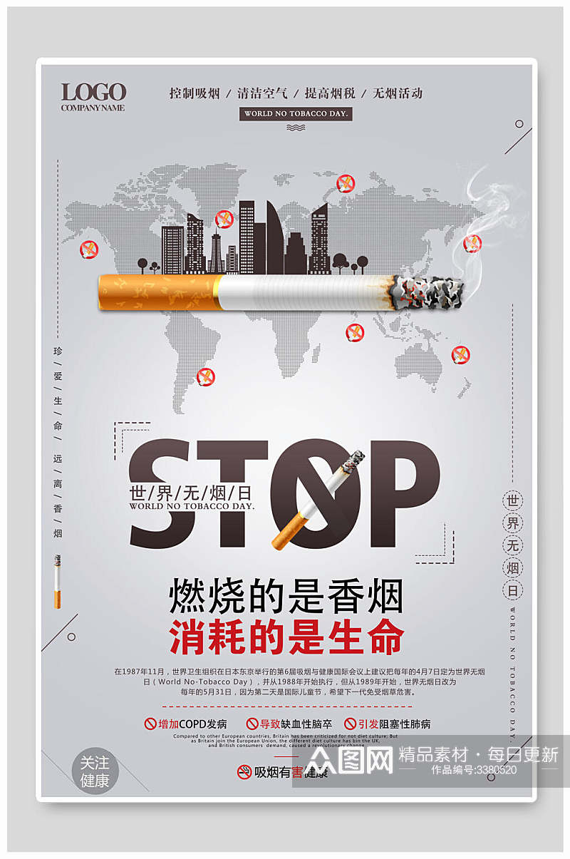 燃烧的香烟英文黑红灰禁止吸烟海报素材