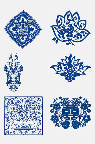 蓝色典雅青花瓷花纹图案免抠素材