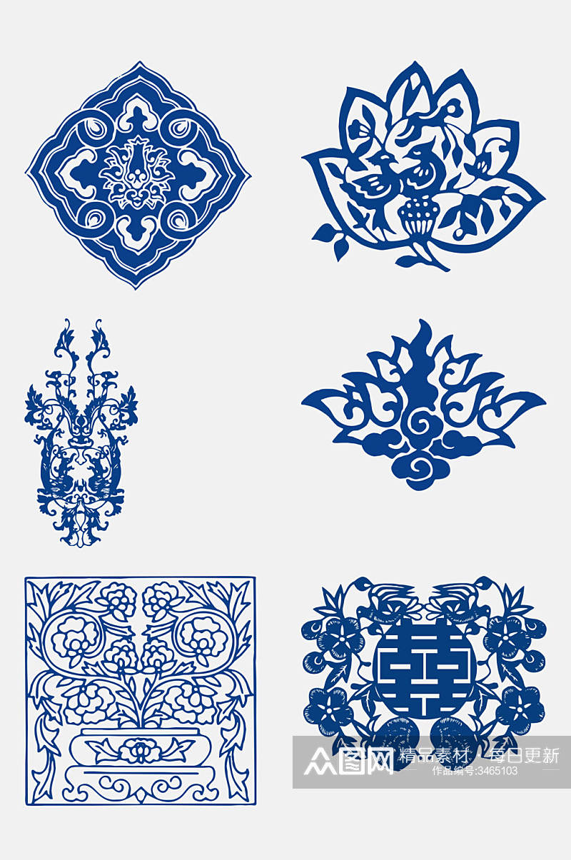 蓝色典雅青花瓷花纹图案免抠素材素材