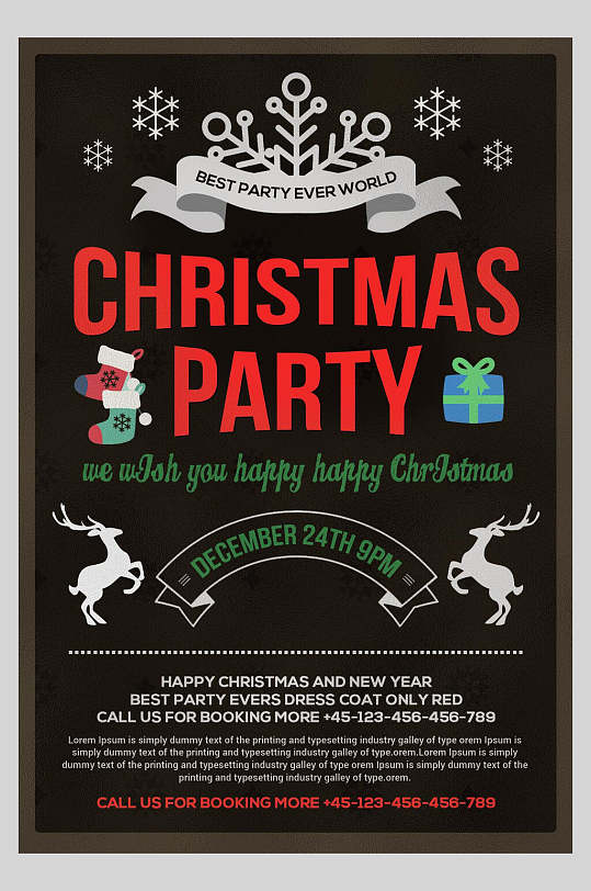 英文红绿横幅麋鹿雪花圣诞节商场活动海报