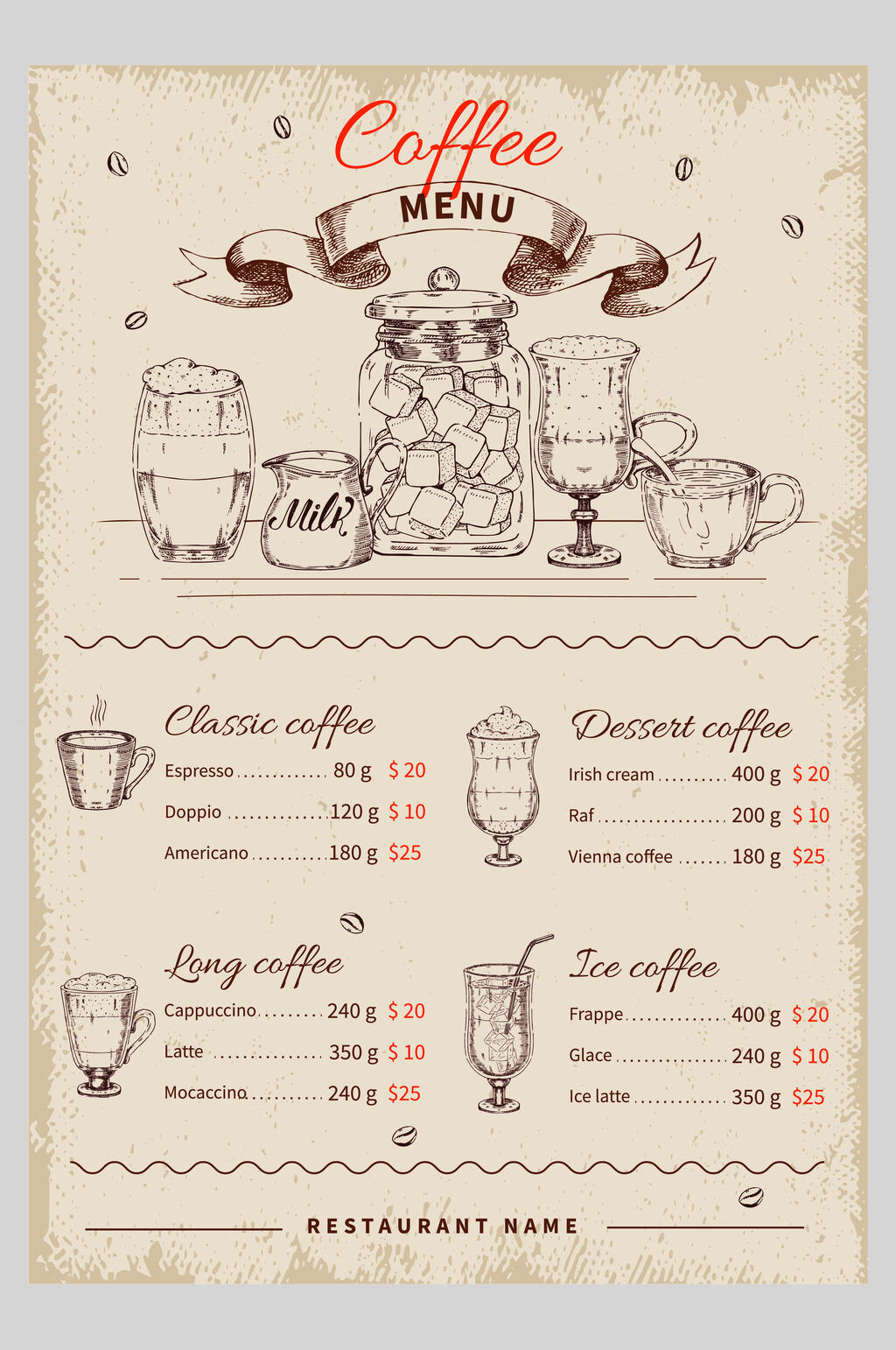 设计dm单菜单海报立即下载手绘复古纸张简易奶茶咖啡店菜单立即下载