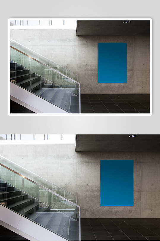 楼梯蓝色创意艺术画廊画布场景样机