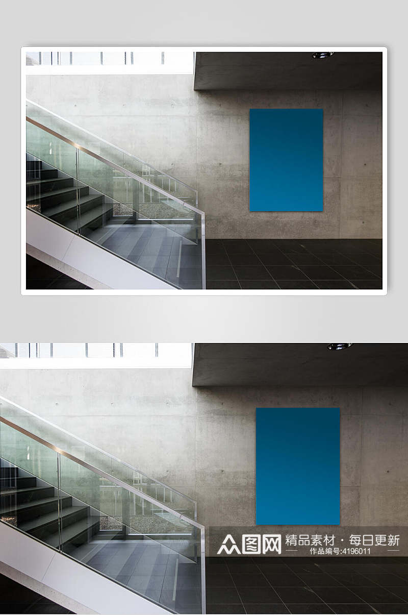 楼梯蓝色创意艺术画廊画布场景样机素材