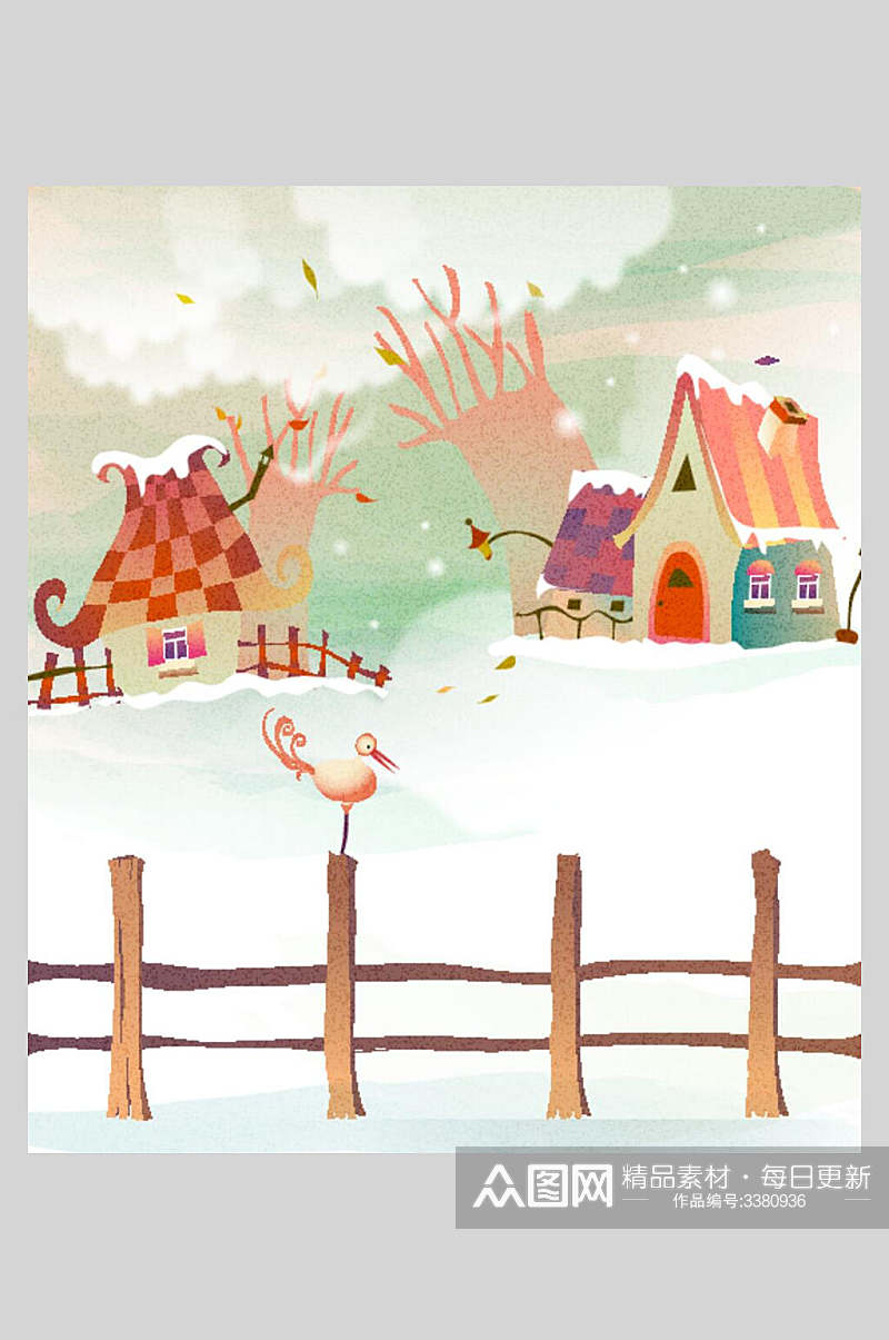 木栅栏鸟房屋清新可爱卡通童话插画素材