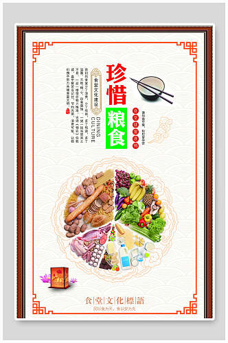 珍惜粮食公益宣传碗筷红绿色节约粮食海报