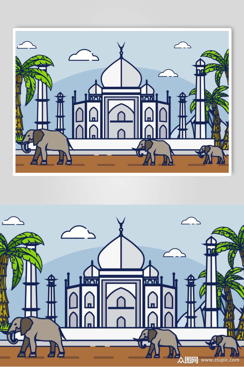 扁平时尚蓝橙高端大气古镇建筑插画素材