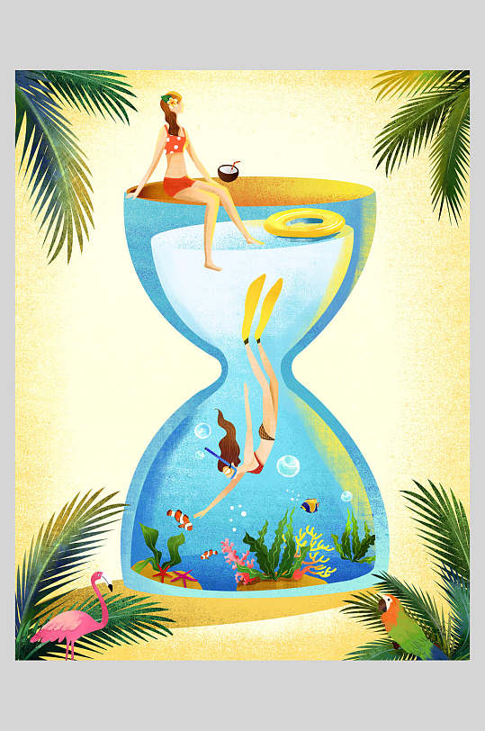 沙漏潜水女孩夏季海边沙滩游泳插画