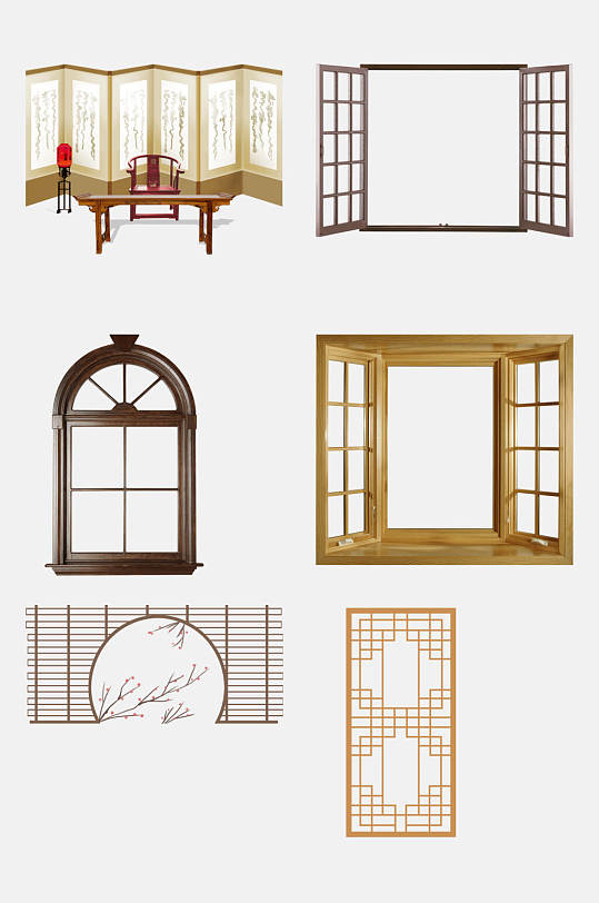 淡雅中式窗格屏风免抠素材
