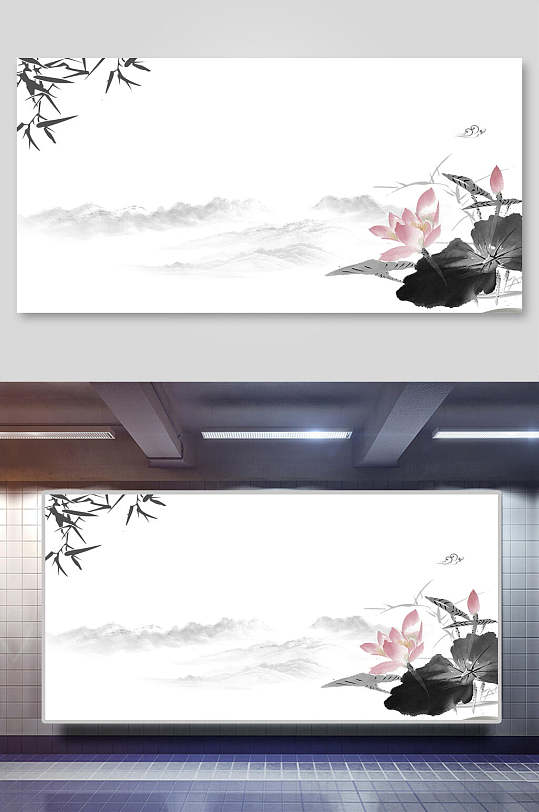 中国风水墨荷花背景墙图片-中国风水墨荷花背景墙效果图-中国风水墨