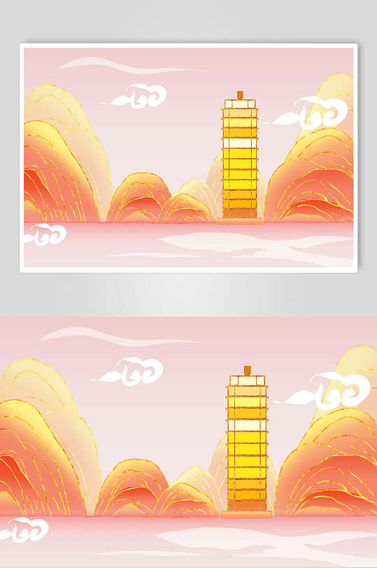 精美国潮鎏金千玺广场地标建筑插画