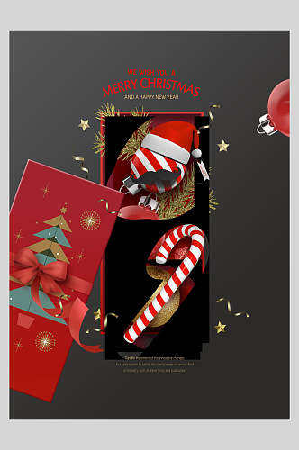 礼盒拐杖糖帽子英文时尚红黑色圣诞节海报
