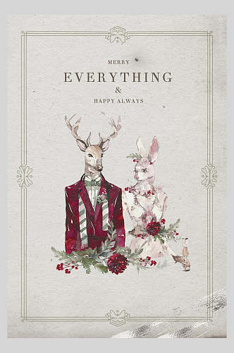 灰色鹿圣诞水彩动物海报