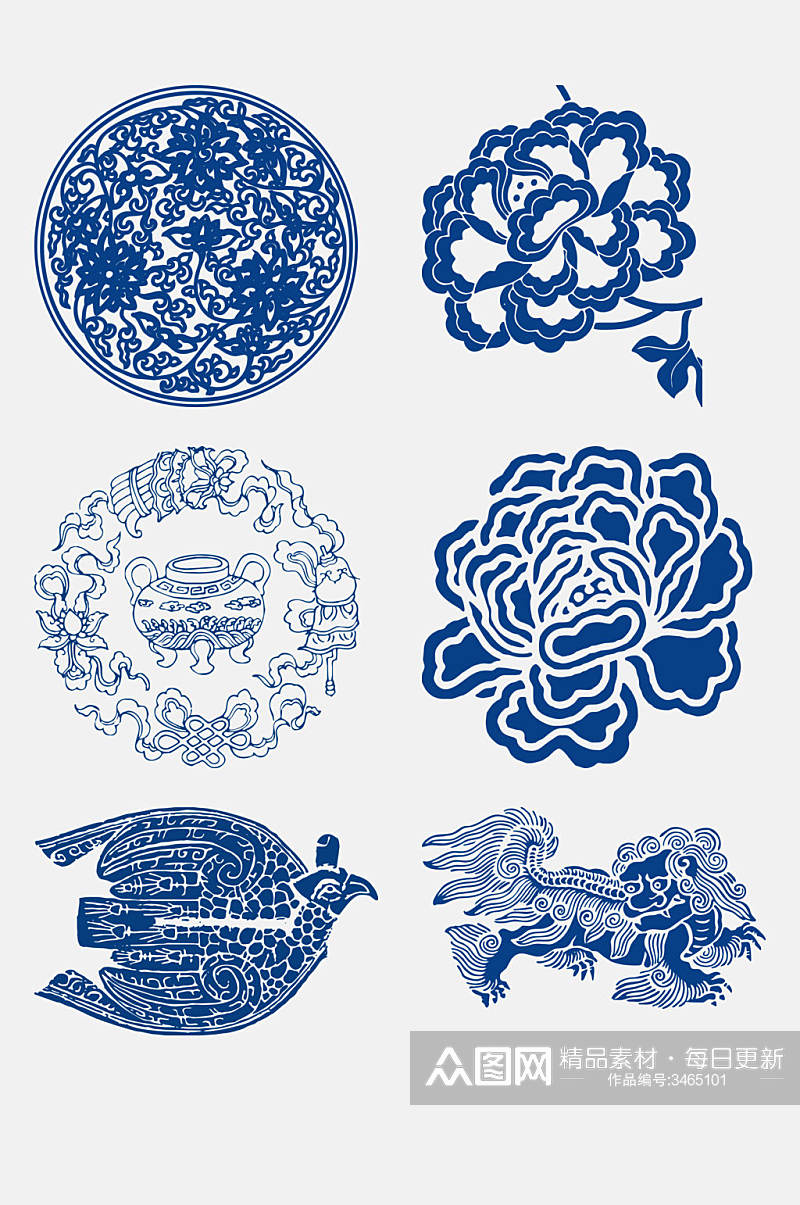 蓝色精美青花瓷花纹图案免抠素材素材