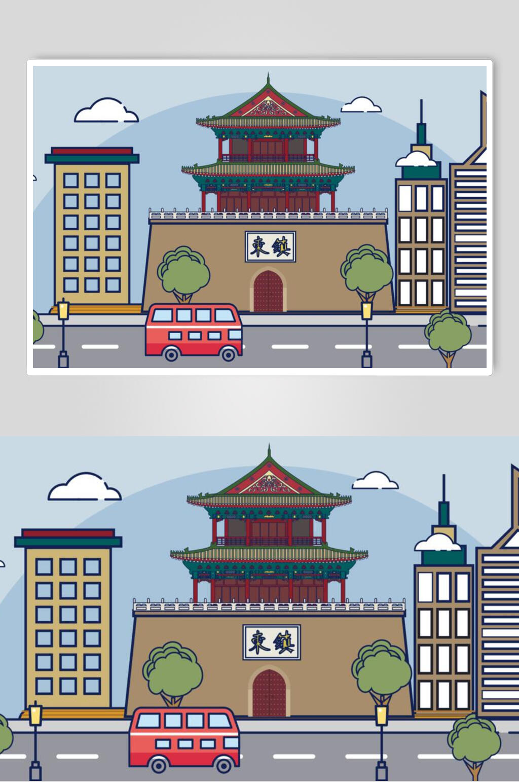 手绘古镇建筑插画素材素材