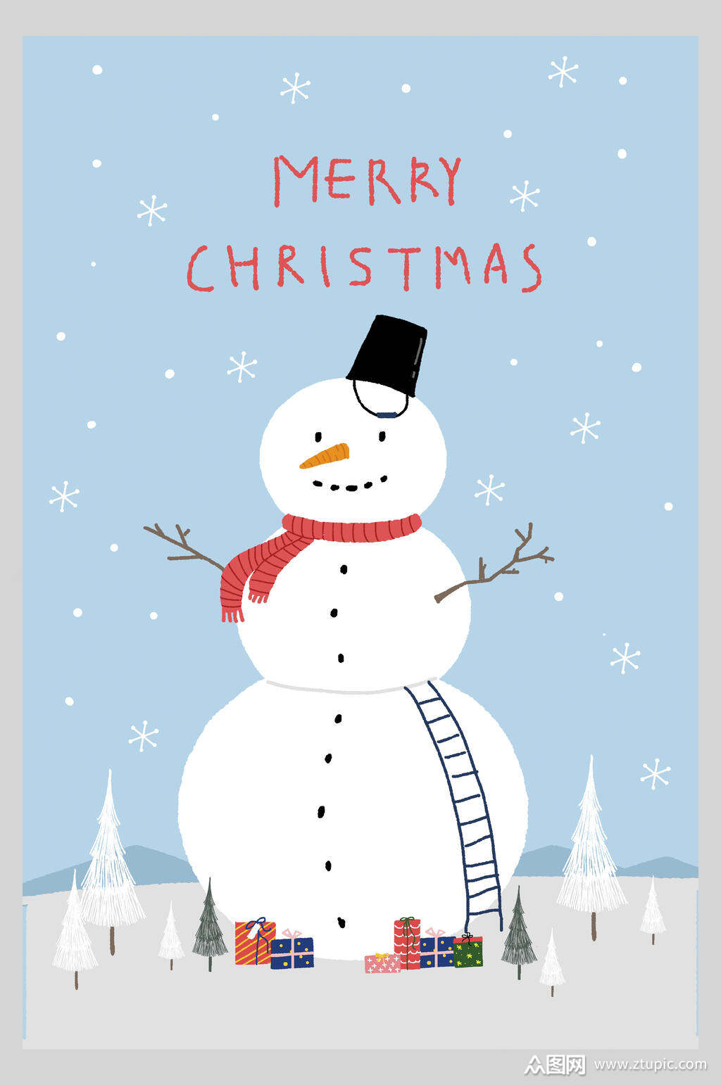 彩色巨大雪人圣诞插画海报素材
