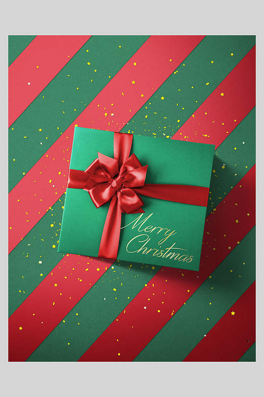 礼盒蝴蝶结条纹黄绿清新圣诞礼物盒子海报