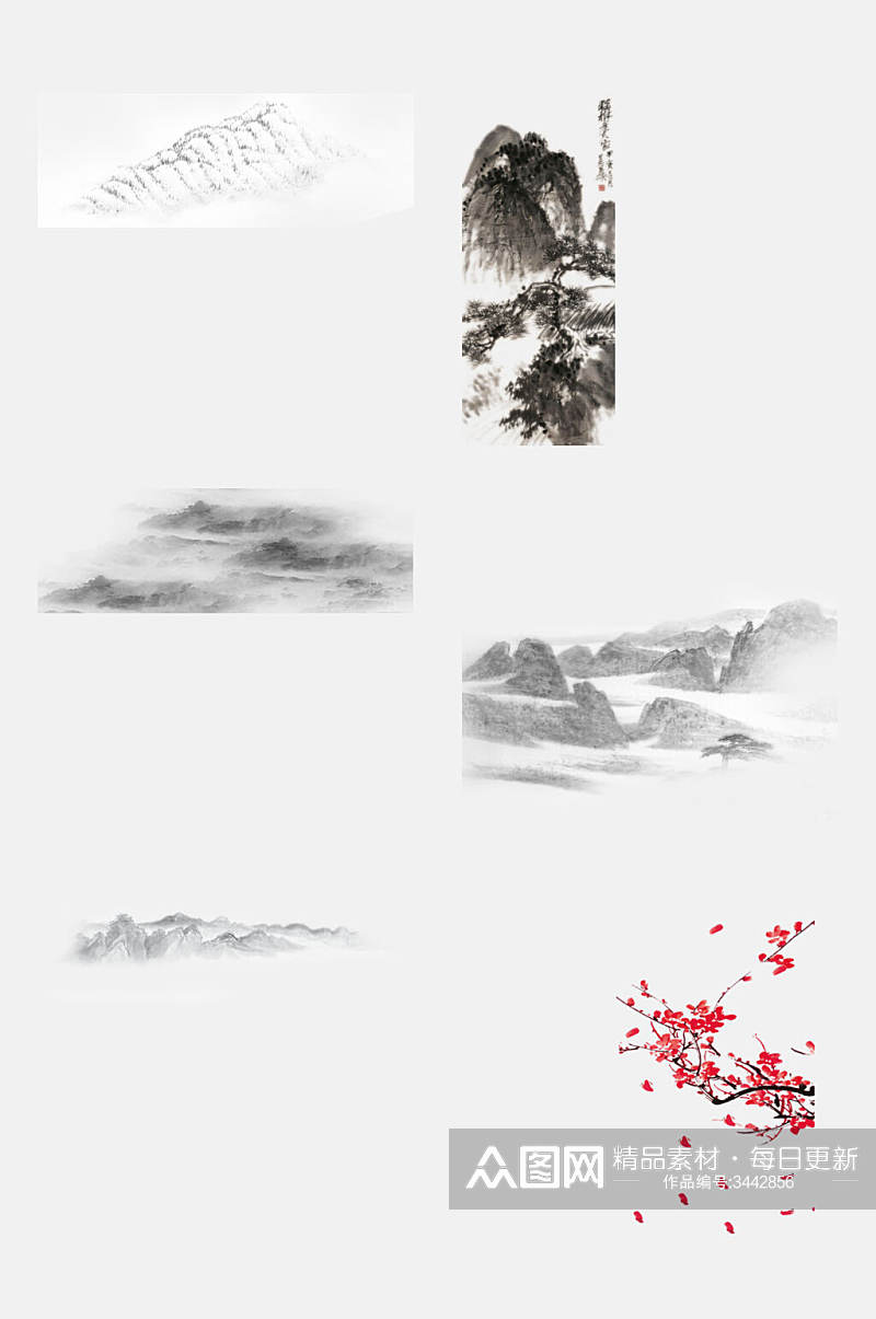 中国风古风水墨山水花卉免抠设计元素素材