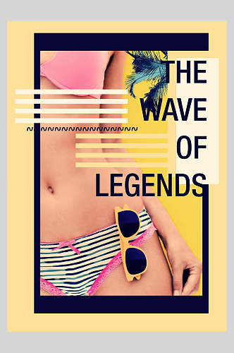 墨镜英文条纹泳装时尚黄国外创意派对海报