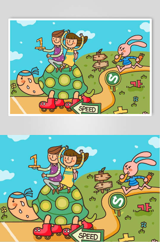 龟兔赛跑绿滑板鞋儿童学习矢量插画