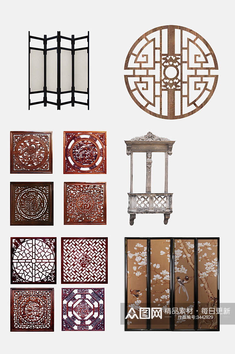 古典中式窗格屏风免抠素材素材