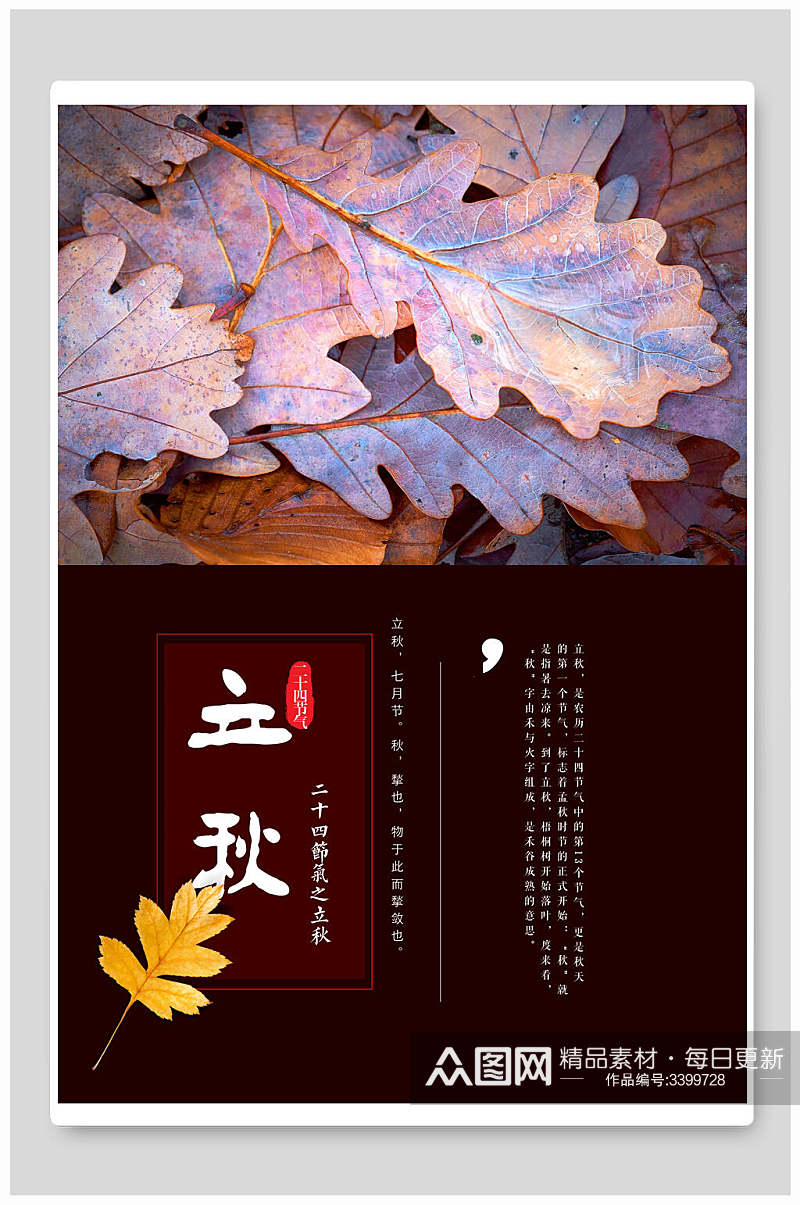 深咖色树叶立秋海报素材