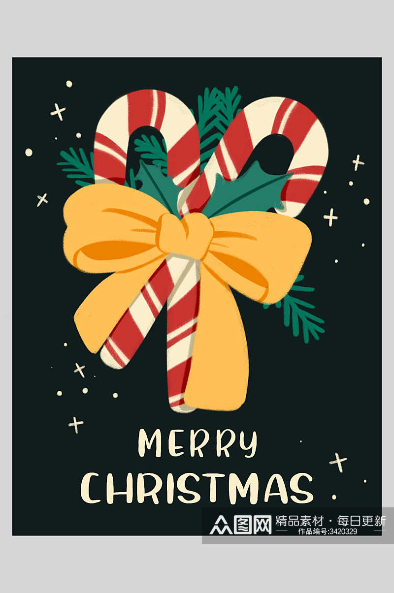 拐杖糖蝴蝶结植物雪花英文黑圣诞插画海报素材