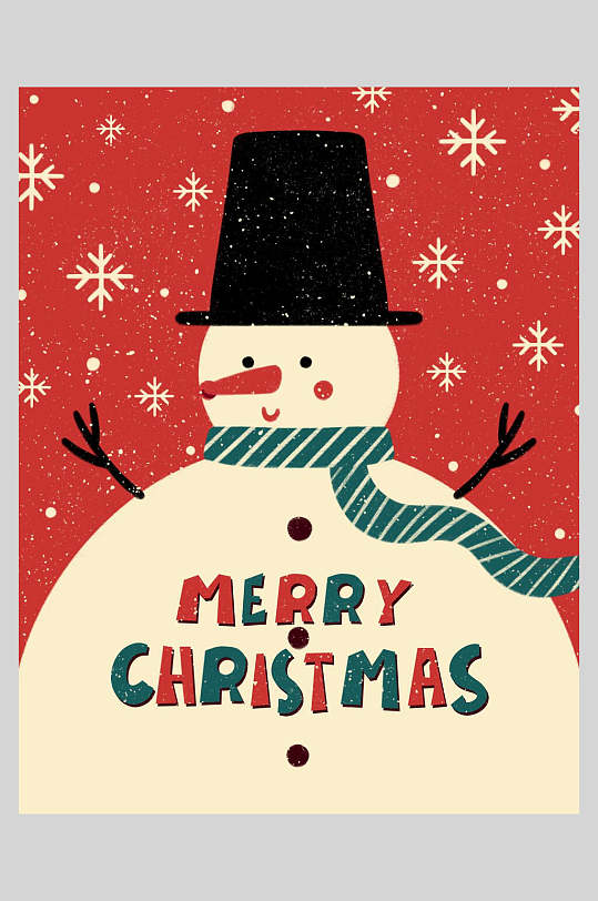雪人围巾条纹树枝雪花红喜庆圣诞插画海报