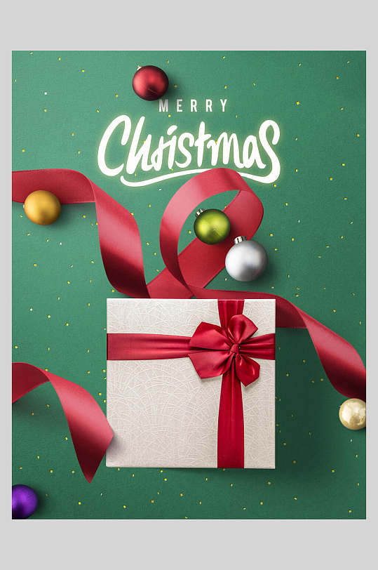装饰球蝴蝶结礼盒红绿色圣诞礼物盒子海报