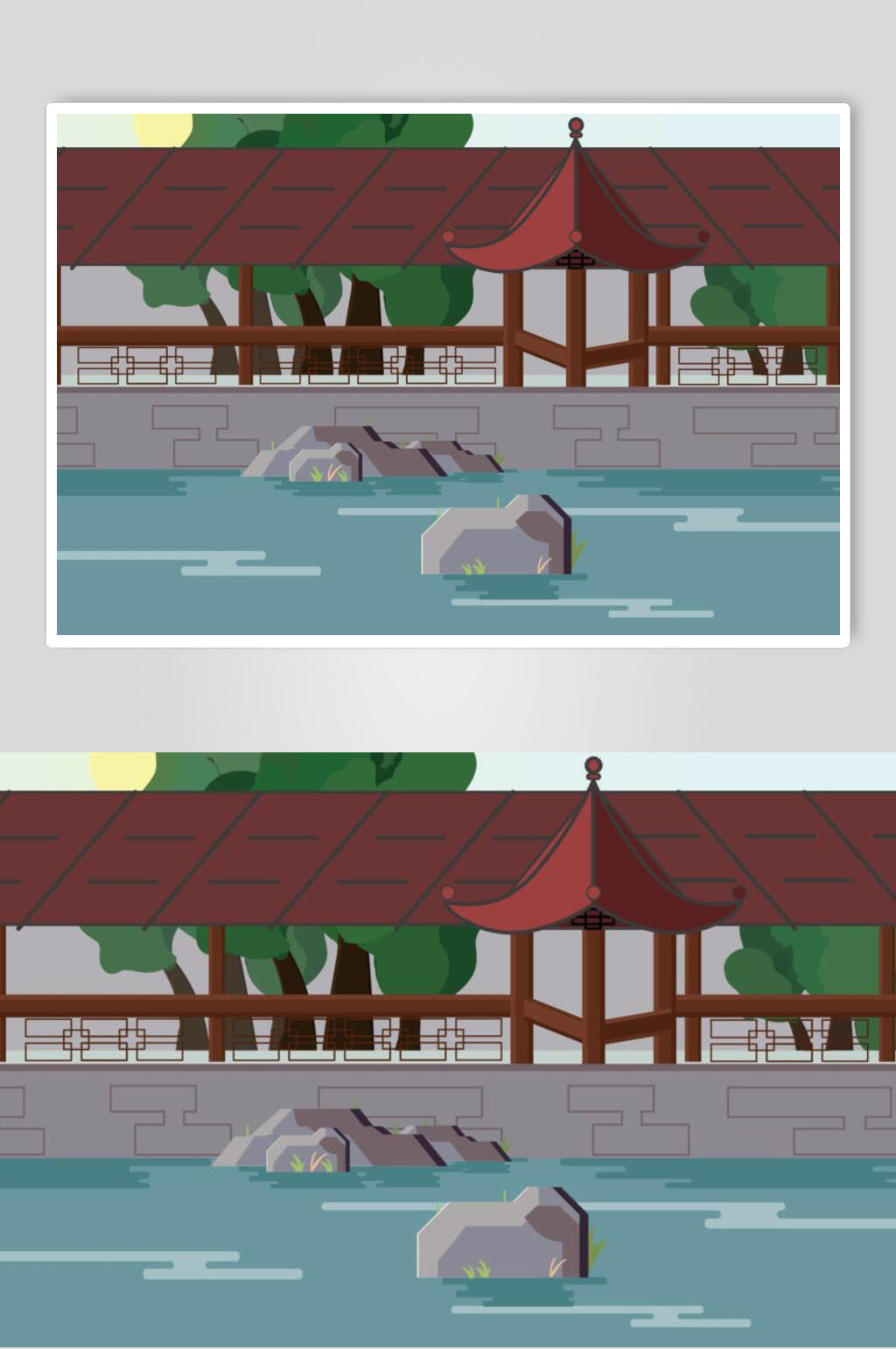 河水石头凉亭清新优雅古镇建筑插画素材