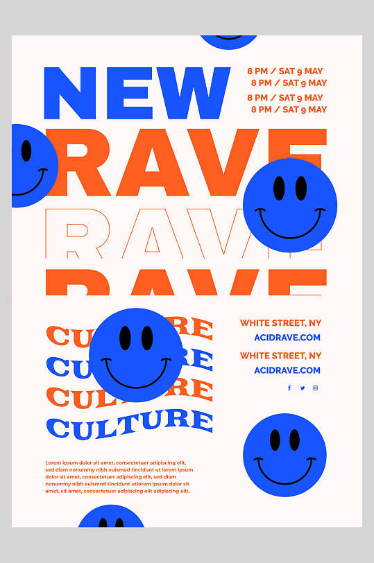 蓝橙色英文字母笑脸创意海报