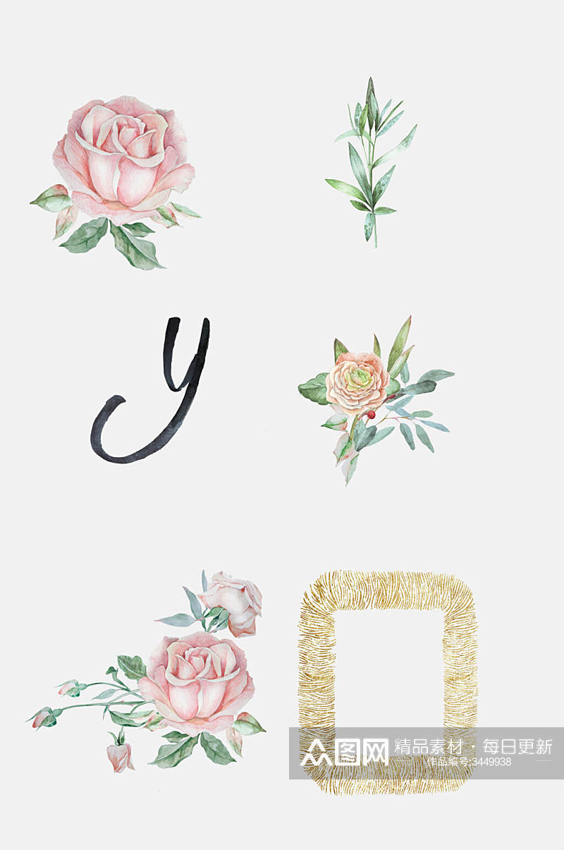 清新水彩鲜花植物字母婚礼装饰免抠素材素材